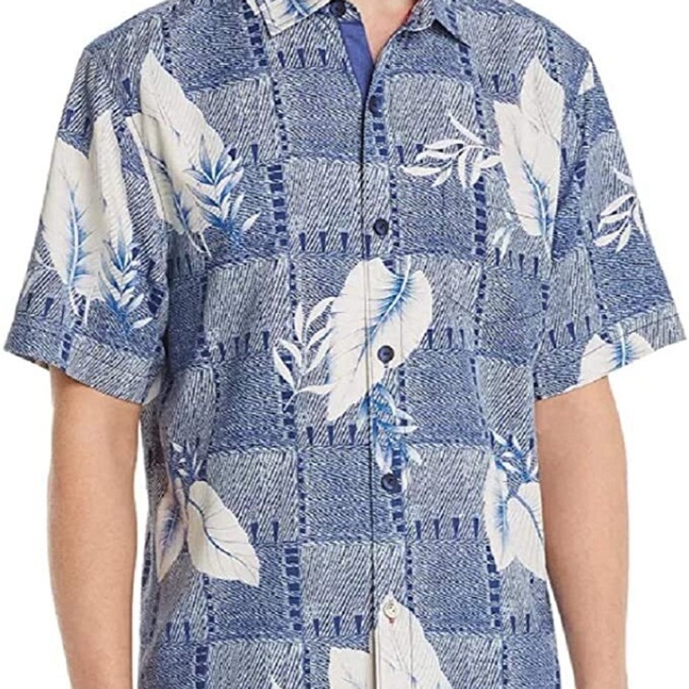 Tommy Bahama Blue and White Leaf-Print Short Sleeve Shirt